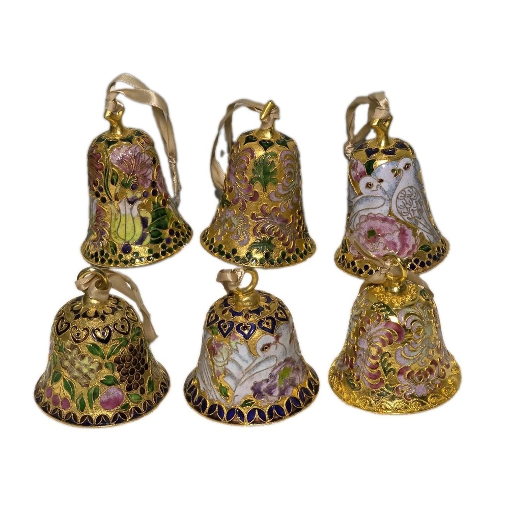 Vintage Cloisonne Bells Ornament Set Of 6